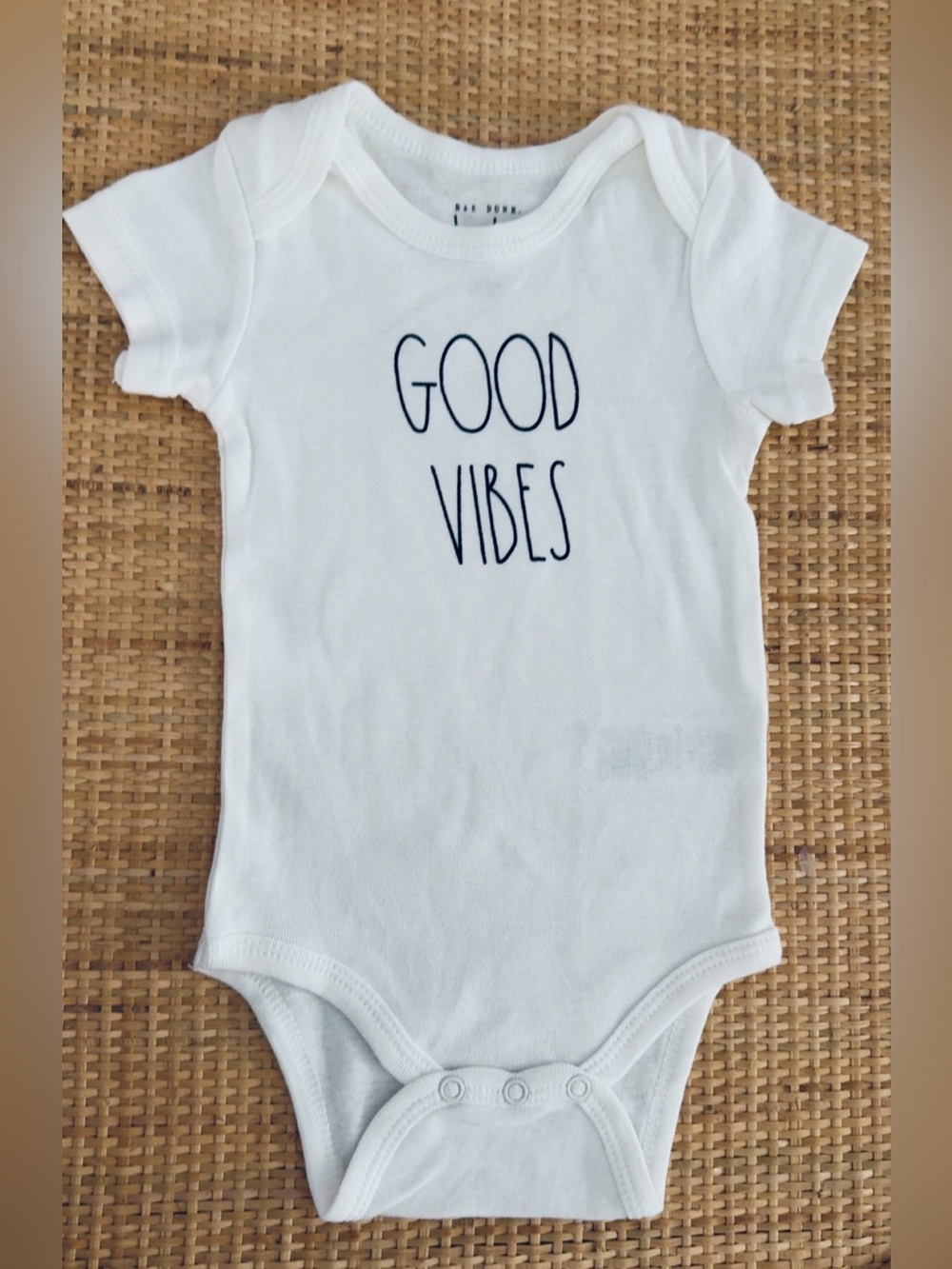 Rae Dunn White 'Good Vibes' Baby Bodysuit Onesie• Size 6-9 months